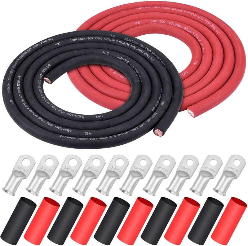 iGreely 2/0 Gauge 2/0 AWG Wire 10 Feet Black + 10 Feet Red Welding Battery Pure Copper Flexible Cable + 5pcs of 5/16" & 5pcs 3/8" Copper Cable Lugs Terminal Connectors+Heat Shrink Tubing - Image 1